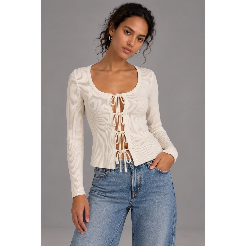 Abercrombie & Fitch Womens S Cream Ribbed Tie Front Cardigan Coquette Balletcore